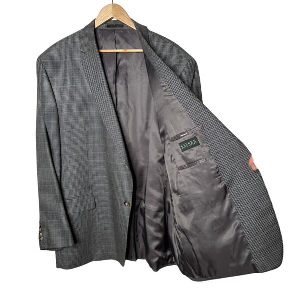 Ralph Lauren Men's 50R Silk & Wool Plaid 2 Button Blazer Houndstooth Jacket Gray - Picture 2 of 9